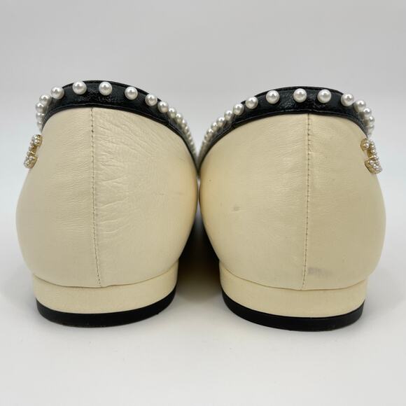 Chanel | Cream Black Lambskin Pearl CC Cap Toe Ballet Flats 2016 FR 37C - Picture 7 of 16